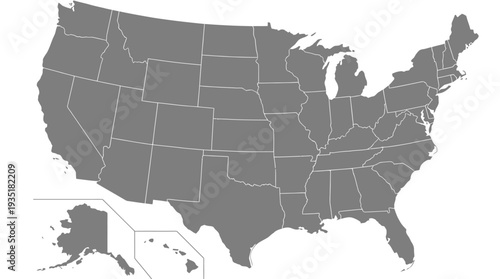 USA Map with State Borders: Gray Outline of United States, Alaska, & Hawaii. Ideal for Geographic, Educational, & Business Presentations