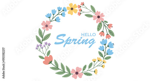 A beautiful floral wreath with the words "Hello Spring" written in the center, celebrating the arrival of the spring season.
