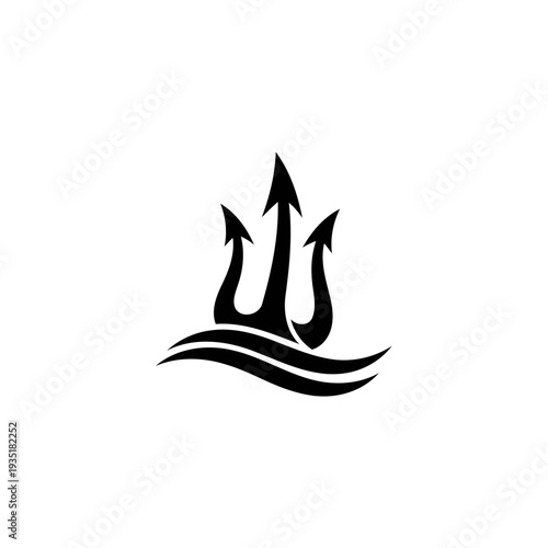 Trident Sea Logo With Stylized Waves, Neptune Poseidon Marine Symbol For Nautical Branding.
