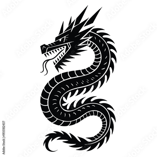 Coiled dragon tribal style illustration in black and white showcasing intricate details, jagged scales, segmented underbelly and dramatic mythical design