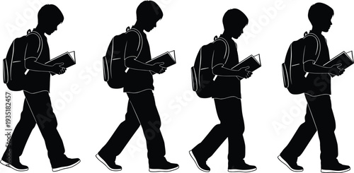 Black silhouettes of young students with backpacks walking and reading books isolated on white background for education and learning vector