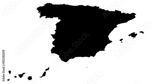 Spain Map Silhouette Outline, including Balearic and Canary Islands, on a Clean White Background