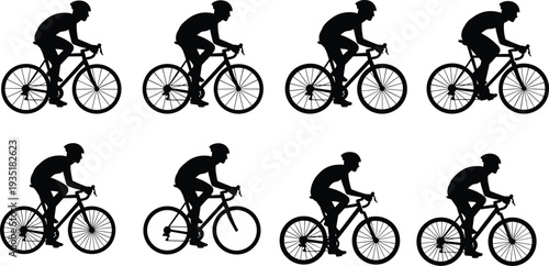 Professional black silhouette set of road cyclists riding bicycles isolated on white background for sports fitness and competitive racing vector design