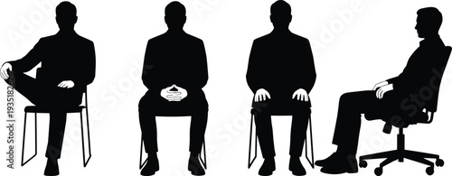 Professional black silhouettes of businessmen sitting in chairs and office furniture isolated on white background for corporate management vector design