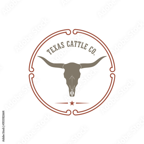 Texas Cattle Co. Longhorn Skull Ranch Logo Badge Emblem Vintage Western Branding Design.