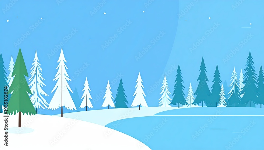Fototapeta premium Animated winter scene snowy landscape with stylized trees and a winding path under a starry sky