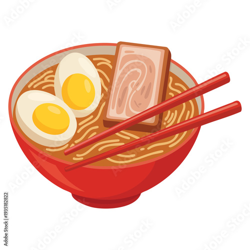 Colorful vector illustration of bowl of ramen with toppings, vibrant food artwork perfect for restaurant menu and asian cuisine themes