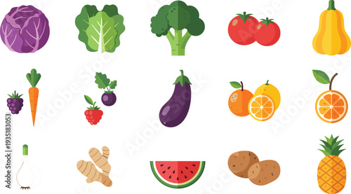 Collection of Fresh Fruits and Vegetables Including Cabbage, Carrot, Tomatoes, Ginger, Pineapple, and More