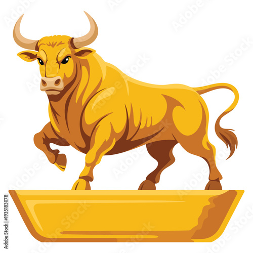 Conceptual finance illustration golden bull standing on gold bar symbolizing bullish market trends and financial growth investment themes