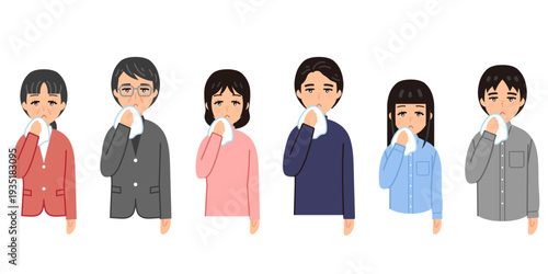 花粉症で辛い人々のイラストセット(私服)