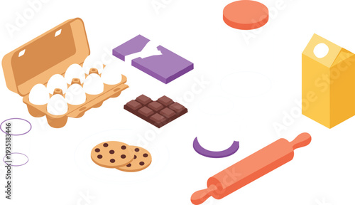 Set of Baking and Food Preparation Items Featuring Eggs, Chocolate, Cookies, Milk, and Kitchen Tools