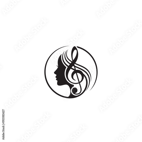 Singer Vocal Karaoke, Choir with Music Notes Treble Clef, Singing Woman Face Silhouette logo design.