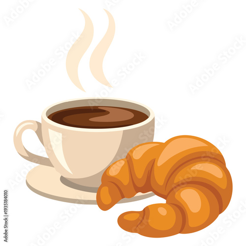 Cup with hot coffee and fresh croissant breakfast delicious start to the day cartoon flat icon vector illustration isolated on white