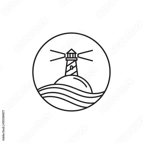Lighthouse Searchlight Beacon Tower Island Beach Coast Simple Line Art logo design inspiration.