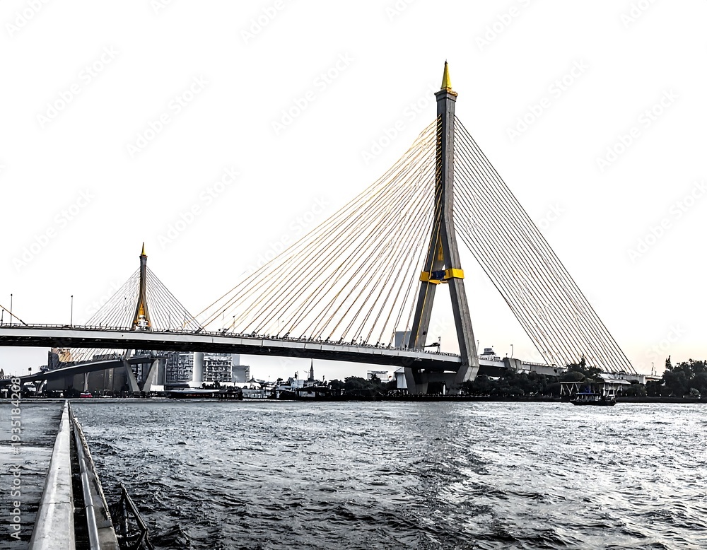 Obraz premium Cable-stayed bridge over rippling water under bright sky, featuring two towers and numerous suspension cables