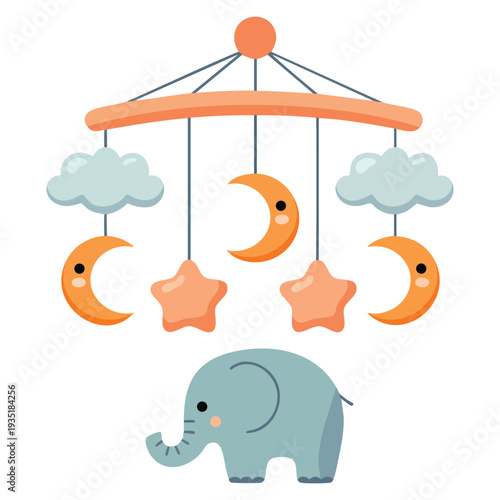Cute baby crib mobile with elephant rendered as vector illustration, suitable for newborn themes, nursery decor and infant product design