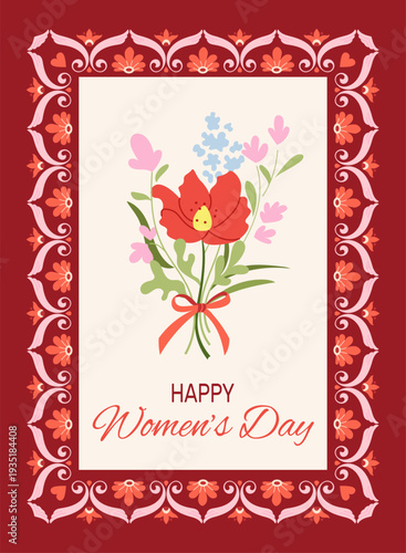 Elegant vintage Women's Day card featuring decorative rectangular floral border and stylized bouquet. Feminine retro illustration ideal for mom, mother's day greetings Premium stationery vector design