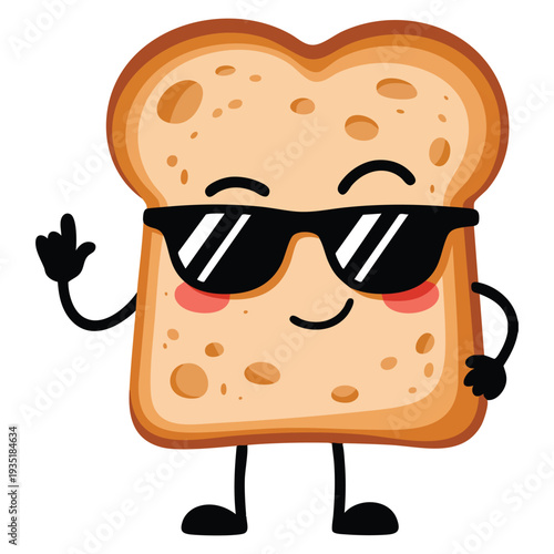 Cute cool bread cartoon character wearing sunglasses, funny expression illustration perfect for bakery, sticker, and playful food themed designs