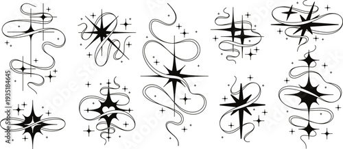 Sparkle stars with wavy magic trails, star shape silhouette with swirly twinkling effect. Minimalist celestial tattoo design, starbursts and swirls, cosmic aesthetic glitter sparkles vector set