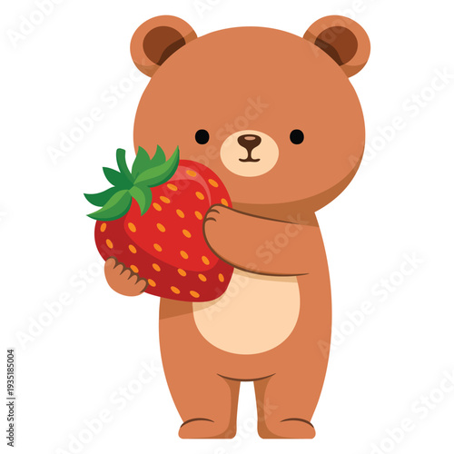 Cute hand drawing cartoon bear holding a strawberry animal doodle sticker ideal for kids illustration nursery decor playful branding and character themes