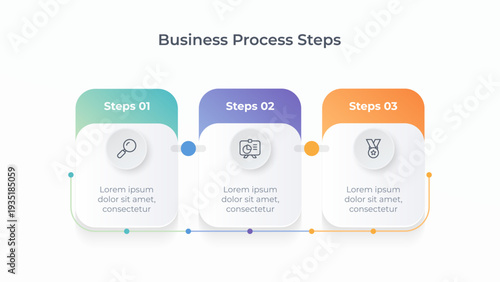 Horizontal business process infographic with 3 gradient steps. Timeline modern infographic illustration. Ideal for business presentations, reports, workflow diagrams, project planning