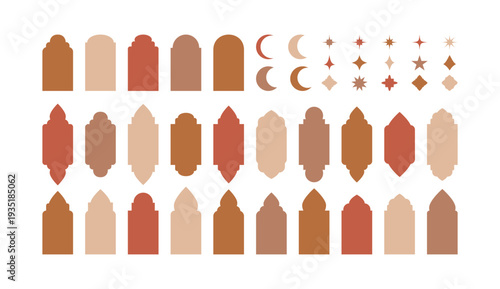 Ramadan Kareem decoration set. Geometric elements collection . Eid al adha, Eid al fitr flat symbol. Modern Islamic icons. Oriental windows, arches, mosque, stars and crescent. Vector sand background