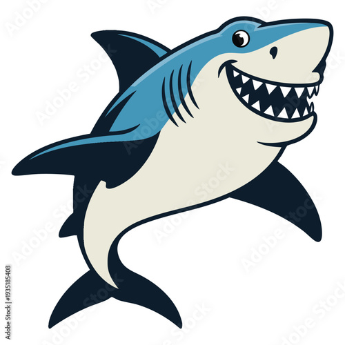 Cute smiling toothy shark in flat vector illustration, childrens style character isolated on white background for ocean and marine themes