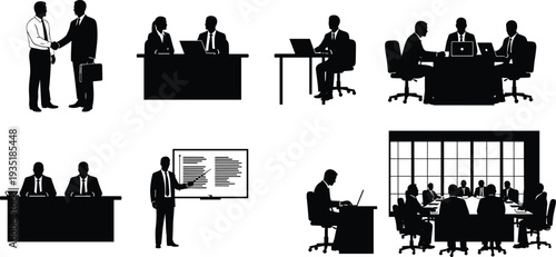Business professional silhouettes collection, corporate office workers in meetings and presentations, executive team leadership icons for professional financial marketing design