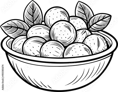 Bowl of Italian meatballs with basil leaves, clean contour drawing, outline vector style, white background, simple food icon.
