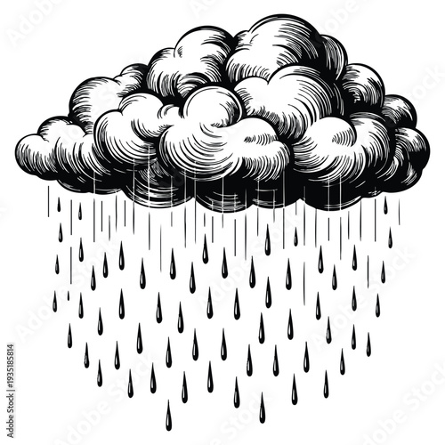 Dark rain cloud with rain drops black and white outline line art illustration drawing weather concept design