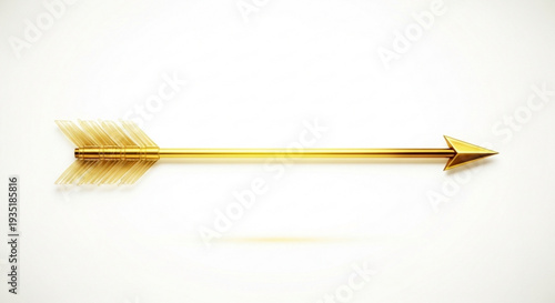 Golden arrow with feathered end symbolizing cupid's bow on white background representing love and desire