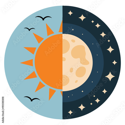 Day and night design over gray background vector illustration ideal for time concept balance contrast sun moon and lifestyle themed artwork