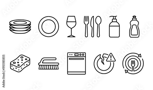 Simple Plate and Dishwashing Outline Icons Black White Kitchen Vector Collection