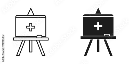 Medical cross icons on tripod easels isolated white background healthcare symbol signage design flat vector illustration