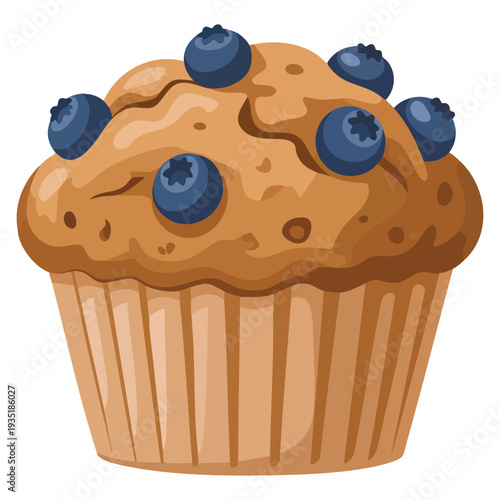 Delicious blueberry muffin isolated on white background, sweet bakery dessert illustration perfect for cafe menu, breakfast, pastry and food themed designs