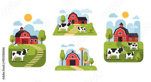 Cartoon Cow Farm Buildings Vector Illustrations.