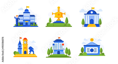 Cartoon Government Buildings and Statue Illustration.