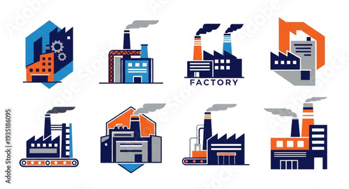 Collection of stylized factory building icons with smoking chimneys.