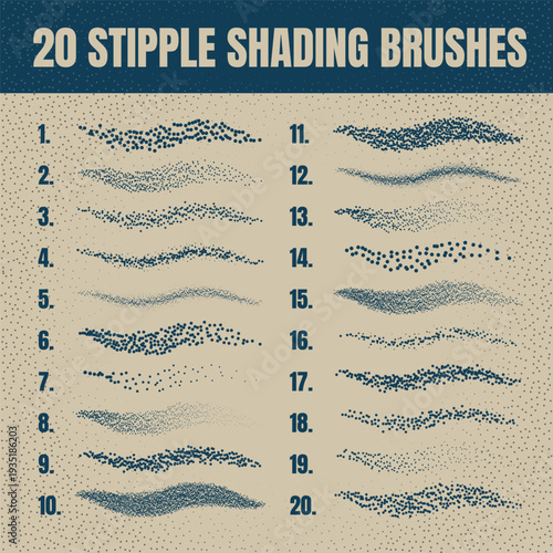 Ink scatter brush, stipple drawing and texturing. Fading gradient. Stippling, dotwork drawing, shading using dots. Halftone disintegration effect. White noise grainy texture. Vector illustration