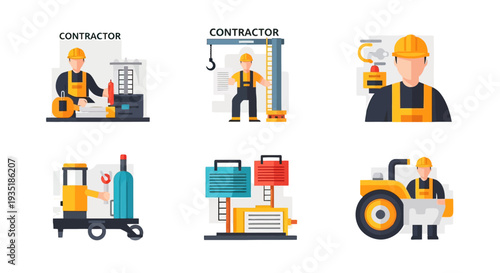 Construction Worker Icons Set with Tools.