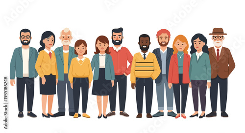 Diverse Group of Cartoon People Standing Together.