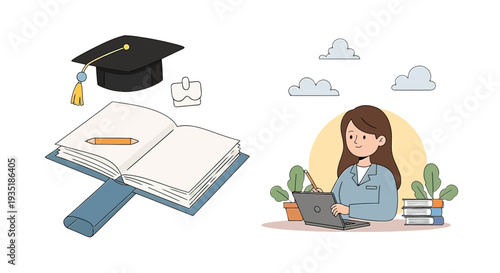 Graduation Cap and Books with Student.