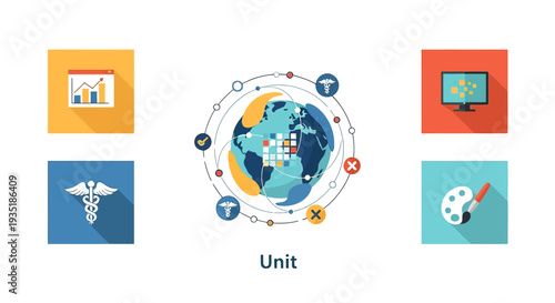 Globe with Icons Representing Various Professions.