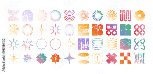 Colorful geometric shapes, modern grunge symbols. Simple primitive elements and forms, distressed details. Retro design, aged, vintage, trendy contemporary minimalist style, y2k. Vector illustration