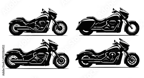 Set of four custom cruiser motorcycles in black and white illustration.