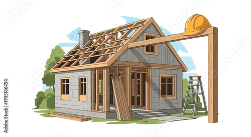 House Under Construction with Roof Beams.