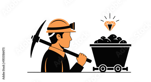 Miner Worker with Pickaxe and Coal Cart.