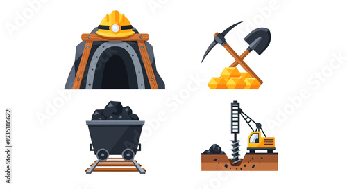Mining Equipment and Tools Illustration Set.