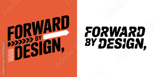 This bold graphic logo features the phrase forward by design shown in black typography against orange and white backgrounds.