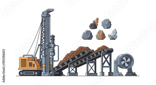Mining Equipment with Conveyor Belt and Rocks.